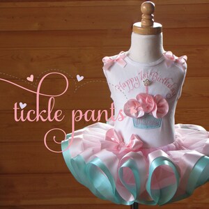 My 1st Birthday Outfit- Cupcake- Pink and aqua- Includes 3D cupcake top, ribbon tutu -  Available in MANY colors
