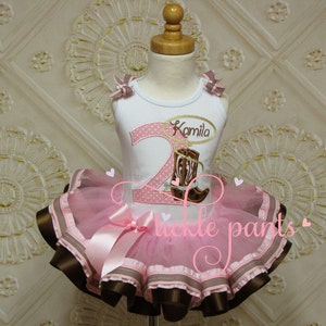 Cowgirl Boots Birthday Outfit - Rodeo - Pink and brown - Includes embroidered top and DARLIN&#39; ribbon tutu - Can be made to match your party