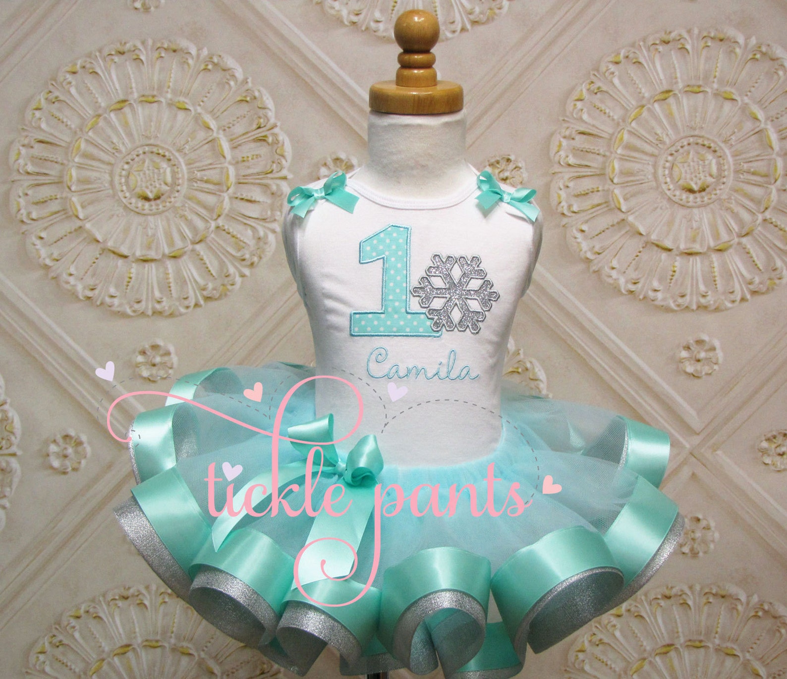 Winter ONEderland 1st Birthday outfit - Light Pink, Mint/Aqua and Silver glitter