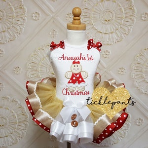 Gingerbread Holiday tutu outfit with faux apron - Red white and gold - Includes top and tutu - My 1st Christmas - Order early for photos