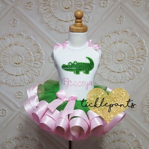 Made in all sizes - Crocodile Alligator tutu outfit - Pink with green - Lots of sparkle - Includes top and tutu - Can be customized