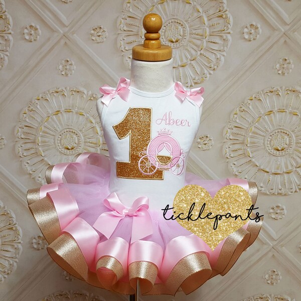 For all sizes - Cinderella Birthday outfit - Princess carriage - Pink and gold -Includes embroidered top and ruffled tutu -Can be customized