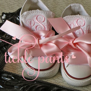 Monogrammed Baby CONVERSE with ribbon laces- Made to matchTickle Pants Birthday Collections- Infant to big girl- LOTS of colors