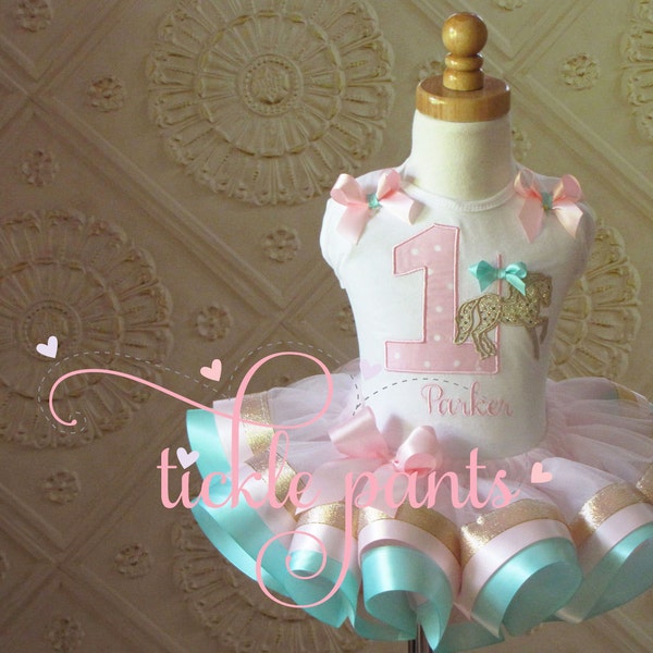 Carousel Tutu Outfit - Baby girls 1st birthday - Pink aqua and sparkling gold- Includes embroidered top and ruffled tutu- Can be customized