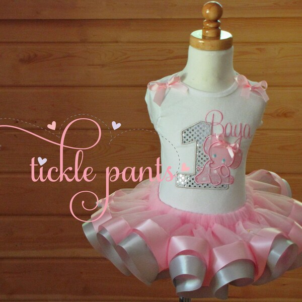 Elephant Birthday Outfit- Pink and silver- Includes embroidered top and ruffled tutu- - Many color choices and different animals available