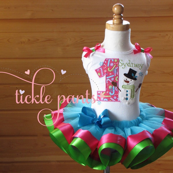 Snowman Birthday Outfit- Turquoise, hot pink and green- Includes top, ribbon ruffled tutu- Can be made to match your party