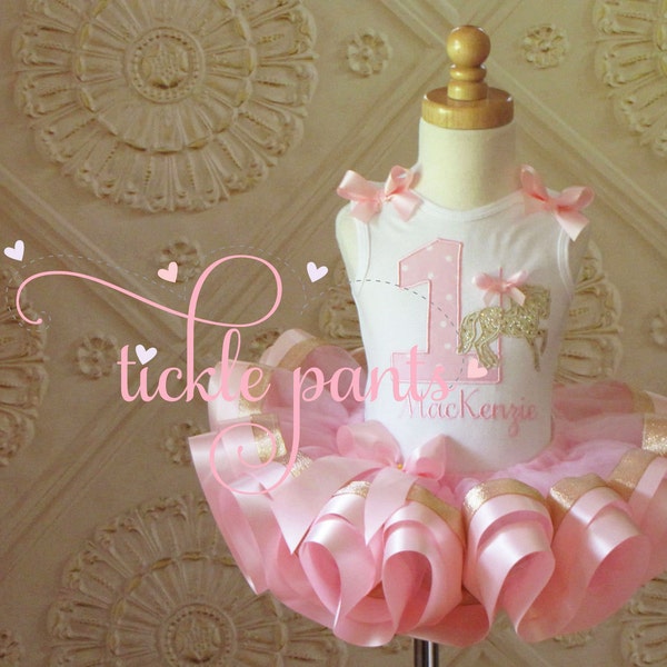 For all ages - Girls Carousel Horse Birthday Tutu Outfit - Pink and sparkling gold - Includes top and ruffled tutu - Can be customized