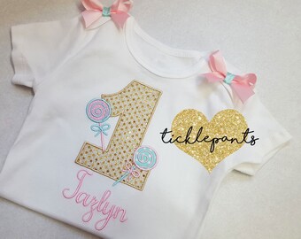 For all ages and sizes - SWEET ONE Lollipop candyland birthday shirt - Gold sparkle pink and aqua - Full outfit available