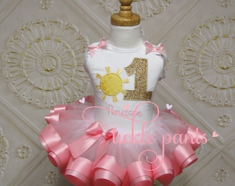 You are my Sunshine Birthday Tutu Outfit - Sparkle gold pink- Includes embroidered top and ruffled tutu -  Can be made to match your party