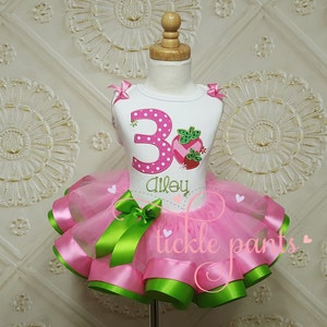 Strawberry Patch Birthday Outfit - Hot pink lime - Includes embroidered top and ruffled tutu - Can be customized - Availabe with watermelon