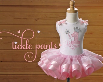 Her Wish is Granted Birthday Tutu Outfit- Baby Pink and sparkling silver OR gold- Includes top, tutu - Many colors available