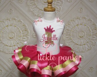 Princess Crown and Name Tutu Outfit - Baby girls 1st birthday - Hot pink gold sparkle - Includes top and ruffled tutu- Can be customized