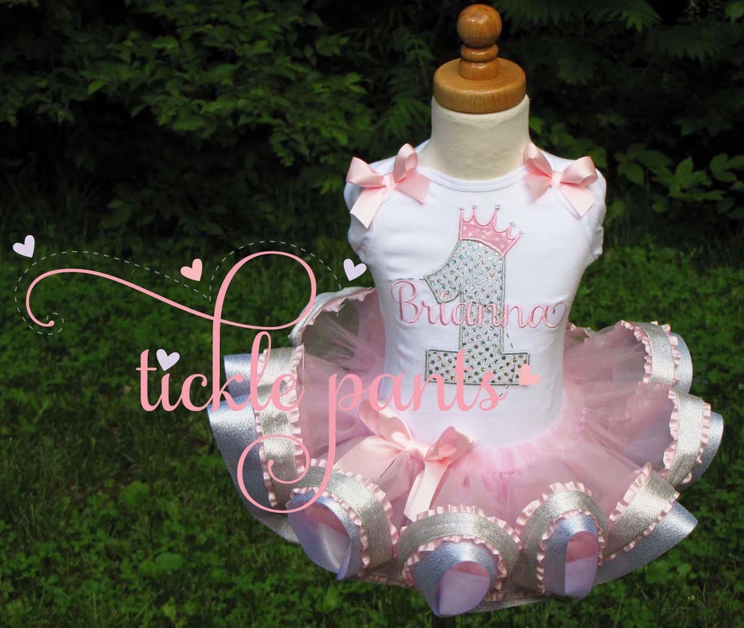 Personalized 1st Birthday Princess Outfit - Silver Glitter, Light Pink and Mint/Aqua