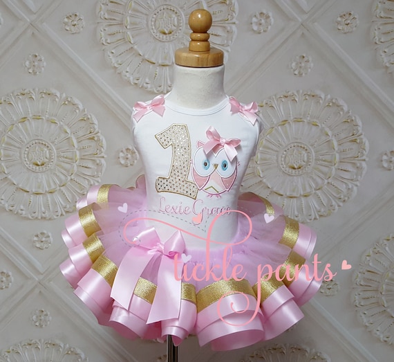 Owl Birthday Outfit Pink and Sparkling Gold Baby Girl s 1st Birthday includes Top and Tutu Made for All Sizes Colors Can Be Changed Etsy