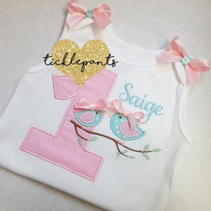 Birds Birthday Shirt - FOR ALL AGES - Pink, teal and sparkle gold - Colors can be changed - Full outfit available