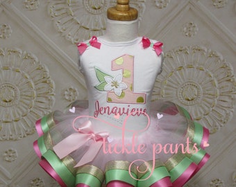 Hawaiian plumeria Birthday Tutu Outfit - Luau beach - Grass skirt - Pink mint gold - Includes top and ruffled tutu - Can be customized