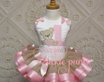 Teddy Bear Birthday Tutu Outfit- Pink and sparkling gold - Includes embroidered top and ribbon ruffled tutu - Colors/pattern can be changed