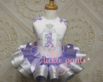 Baby girls 1st Birthdaty Outfit - Beautful scroll pattern - Lavender silver - Includes detailed top and ruffled tutu - Can be customized