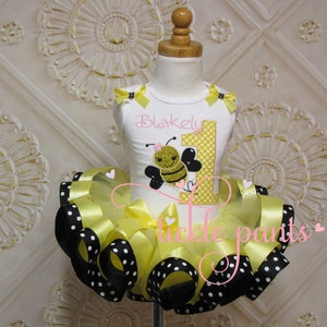 For all ages Girls Bumble Bee Birthday Shirt Yellow sparkle and black First Birthday Changes can be made to colors and pattern image 2