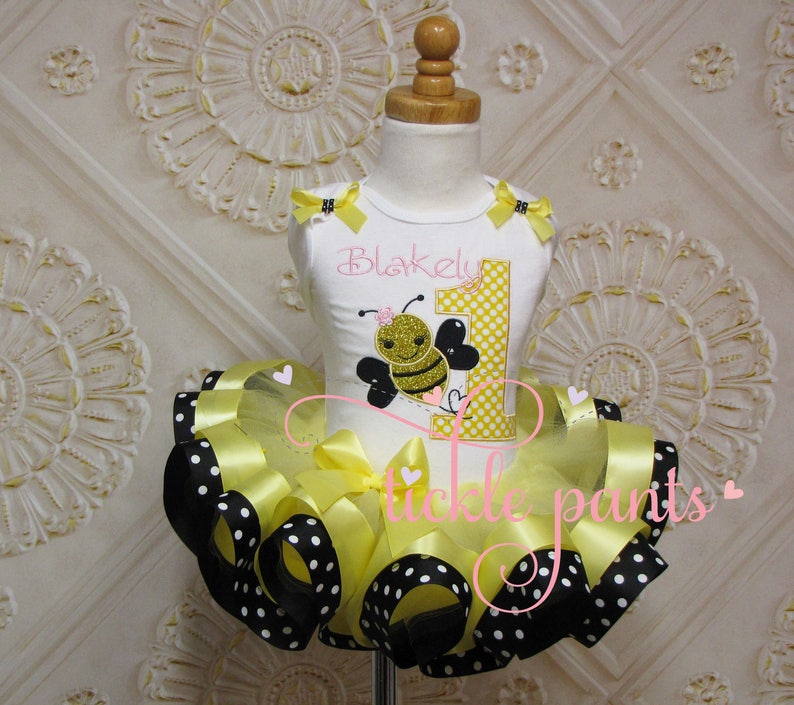 For all ages Girls Bumble Bee Birthday Shirt Yellow sparkle and black First Birthday Changes can be made to colors and pattern image 2