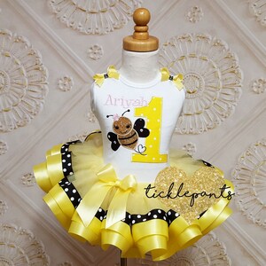 For all sizes Busy BEE Birthday Outfit Includes embroidered top and ruffled ribbon tutu Yellow and black with sparkles image 1