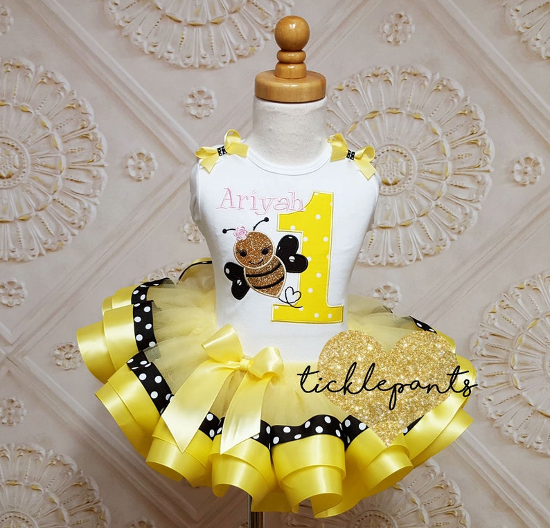 For all sizes Busy BEE Birthday Outfit Includes embroidered top and ruffled ribbon tutu Yellow and black with sparkles image 1