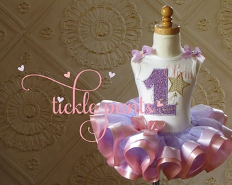 Twinkle Twinkle Little Star Birthday Outfit- Pink lavender and sparkle gold- Includes embroidered top and ruffled tutu - Can be customized