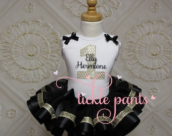 Baby girl's 1st birthday tutu outfit -  Name and age - Black gold Greek key - Includes top and ruffled tutu - Tons of colors available