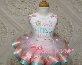 Little Miss Adopted - Adoption Tutu outfit - Pink aqua and gold sparkle -Includes embroidered top and ribbon tutu - Can be customized