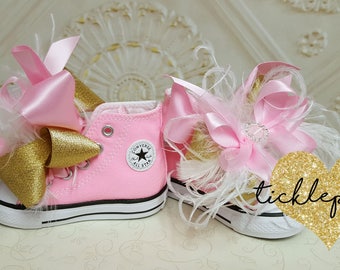 Over the top Baby CONVERSE with bows and feathers - Made to match Tickle Pants Birthday Collections - Infant to big girl - LOTS of colors