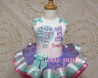 Hot Air Balloon Birthday Tutu Outfit - Lavender aqua silver - Includes top and ruffled tutu - Can be made to match your party