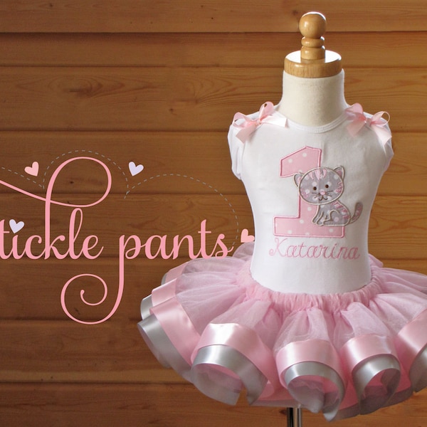 Loveable Kitten Birthday Tutu Outfit- Pink and Silver- Includes embroidered top and ruffled tutu-  Made in your colors or different animals