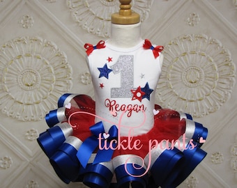 Twinkle Twinkle Little Star Birthday Outfit - Red blue silver sparkle - Includes embroideredtop and tutu - Can be made to match your party
