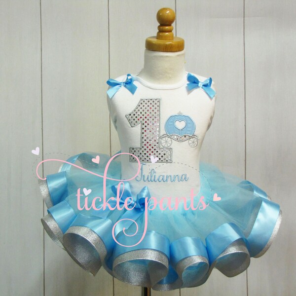 Cinderella princess carriage Birthday Outfit - Blue silver - Includes embroidered top and ruffled tutu - Great for birthdays / Disney trips