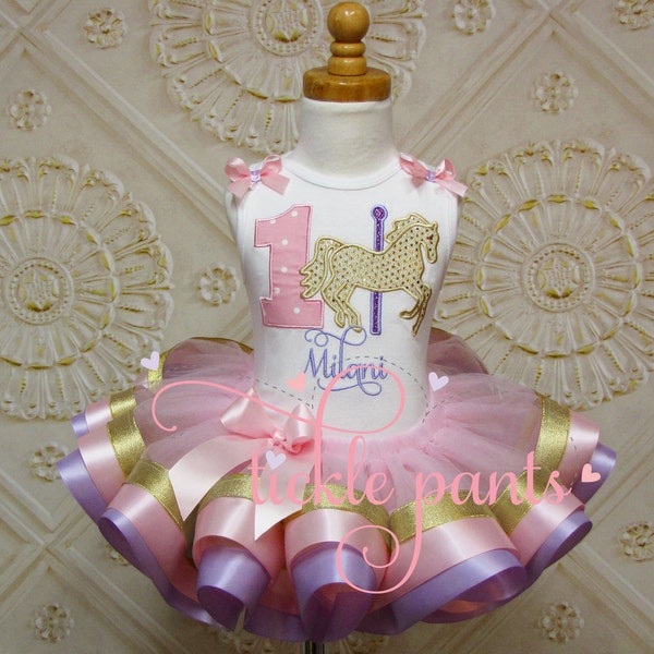Baby girls 1st birthday outfit - Carousel horse tutu - Pink and sparkling gold - Includes embroidered top and tutu- Can be customized