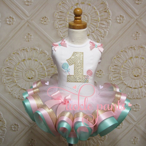 Candyland Birthday Tutu Outfit - NAME INCLUDED - Lollipop- Pink aqua gold sparkle - Includes top and ruffled tutu  - Colors can be changed