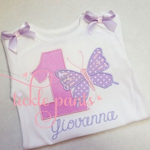 Baby girl&#39;s 1st birthday shirt - Butterfly - Lavender purple sparkle pink - Colors can be changed