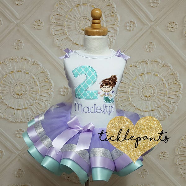 Under the Sea Mermaid Birthday Outfit - FOR ALL AGES - Lavender aqua silver - Includes top and ruffled tutu - More colors/styles available