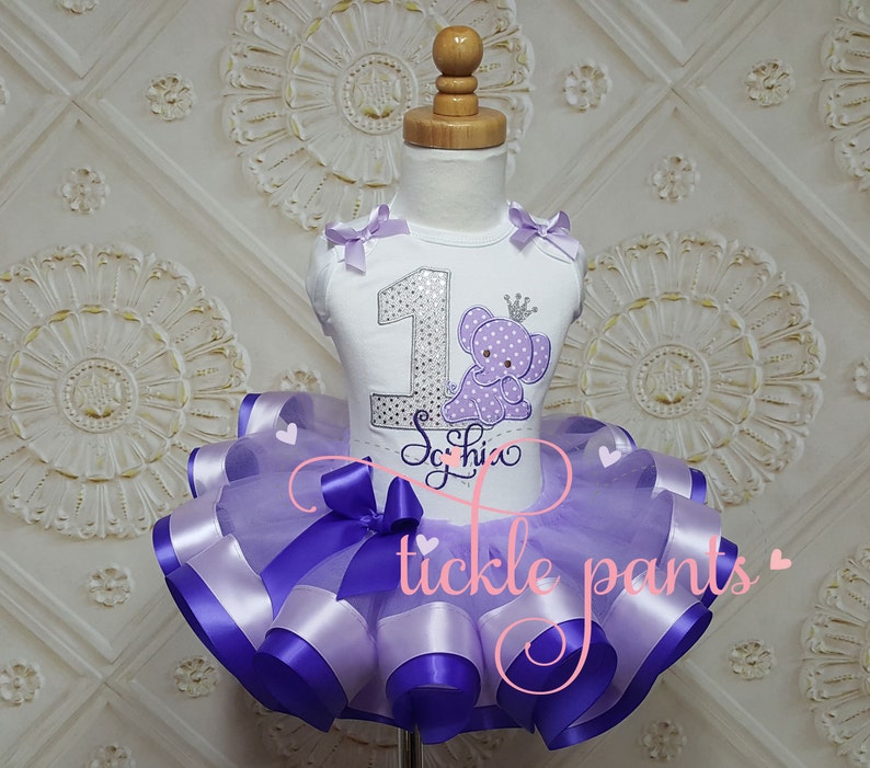 Baby girl's 1st birthday outfit Elephant Circus Safari Lavender purple Includes embroidered top and tutu Can be made customized image 1