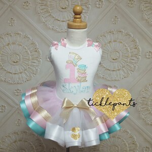 For all ages - Mad Hatter Alice birthday outfit - ONEDERLAND - Aqua pink gold - Includes embroidered top and ruffled tutu- Can be customized