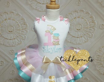 For all ages - Mad Hatter Alice birthday outfit - ONEDERLAND - Aqua pink gold - Includes embroidered top and ruffled tutu- Can be customized