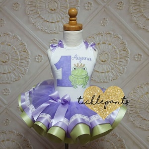 For all ages - Frog Prince Tiana Birthday Tutu Outfit - Lavender and mint with LACE - Includes embroidered top and ruffled tutu