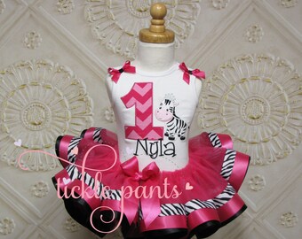 Zebra Birthday Tutu Outfit - Hot pink black zebra print -Includes embroidered top and ruffled tutu - Giraffe zebra safari -Can be customized