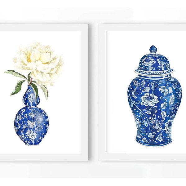 Ginger Jar & White Peony DIGITAL FILE - chinoiserie print, blue white ginger jar, gallery wall prints, gallery wall art, gallery art