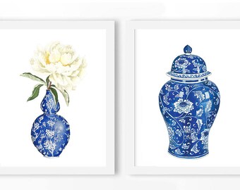 Ginger Jar & White Peony ARCHIVO DIGITAL - impresión chinoiserie, frasco de jengibre blanco azul, impresiones murales de galería, arte mural de galería, arte de galería