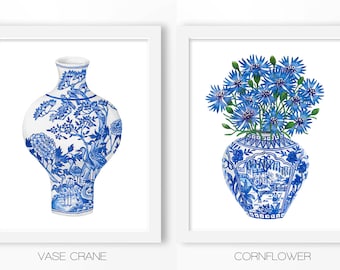 Chinoiserie prints: DIGITAL FILE, cornflower, chinoiserie art, blue white china, ginger jar print, leaf print, asian decor, trending now
