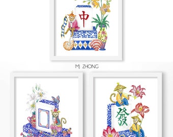 Mahjong art DIGITAL FILE - chinoiserie print, ginger jar print, chinese wall art, gambling art, blue willow, wall art prints