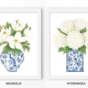 Blau Weiss Porzellan DIGITAL DATEI - Magnolie, Hortensie Druck, Chinoiserien Drucke, Galerie Wandkunst, Galeriekunst, trendige Wandkunst, Trending