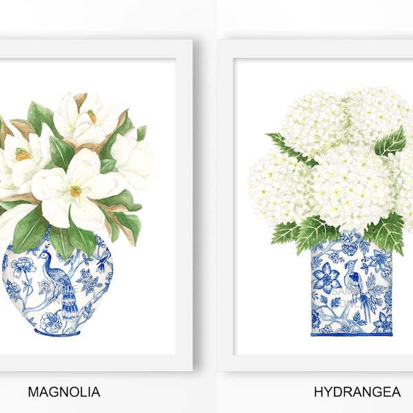 Blue and White China DIGITAL FILE - Magnolia, Hydrangea print, chinoiserie prints, gallery wall art, gallery art, trendy wall art, trending