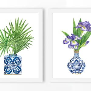 Finger Palm & Iris DIGITAL FILE - chinoiserie print, ginger jar print, wall art, trending now, art prints, blue white china, kitchen art